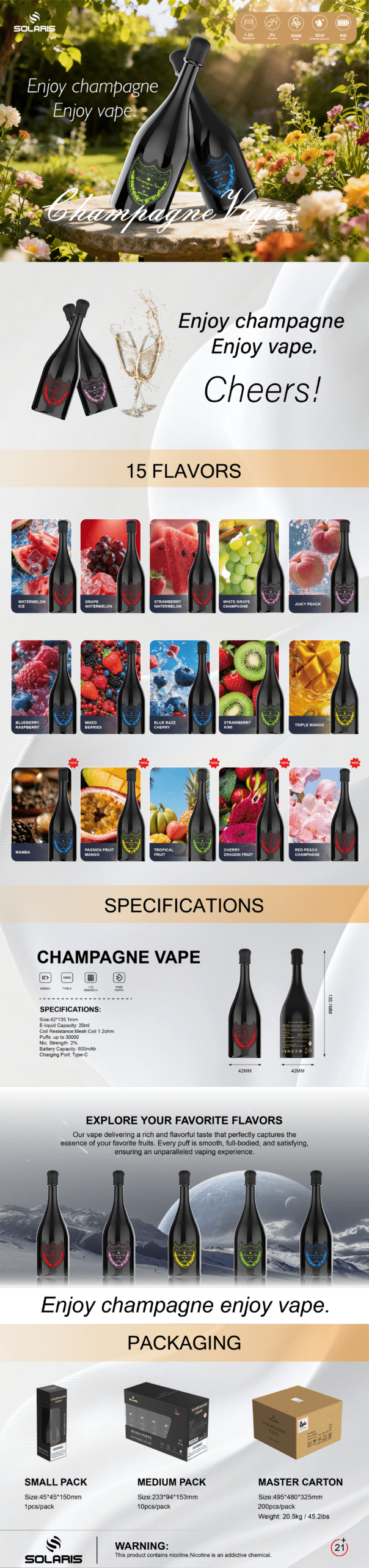 solaris vape flavors Champagne 30,000 Puffs Coil Resistance:0.4Ohm GTX Coils Pod Kit PAX 2 & PAX
